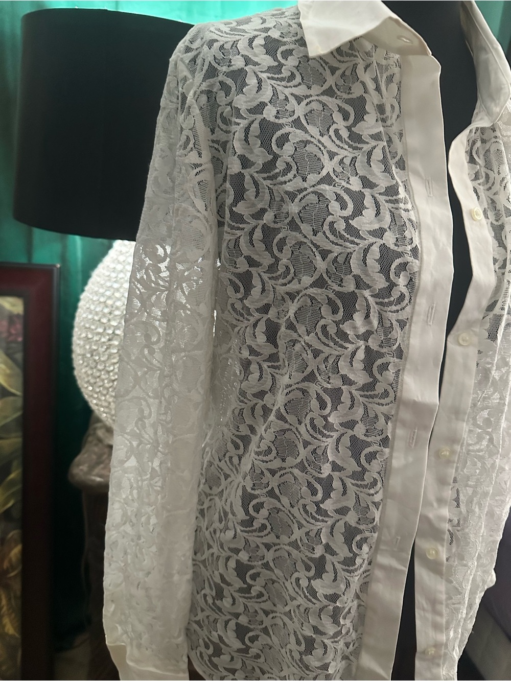 Alfani White Sheer Lace Button Front Blouse Top Size Large